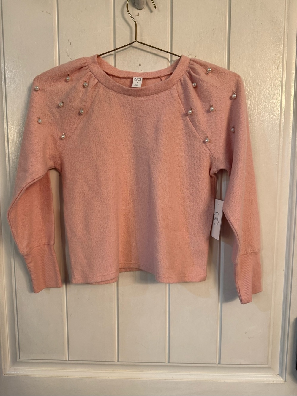 Nordstroms Girls Faux Pearl-Embellished Pink Crewneck Sweater